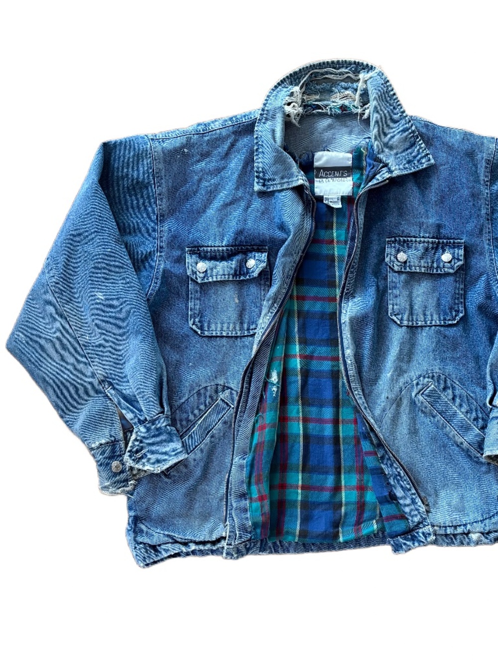 Thrashed Distressed Denim Jacket with Flannel Lining